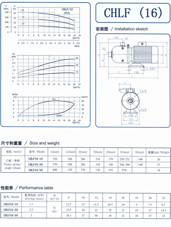 CHLF輕型立式不銹鋼多級(jí)離心泵安裝圖、尺寸、性能