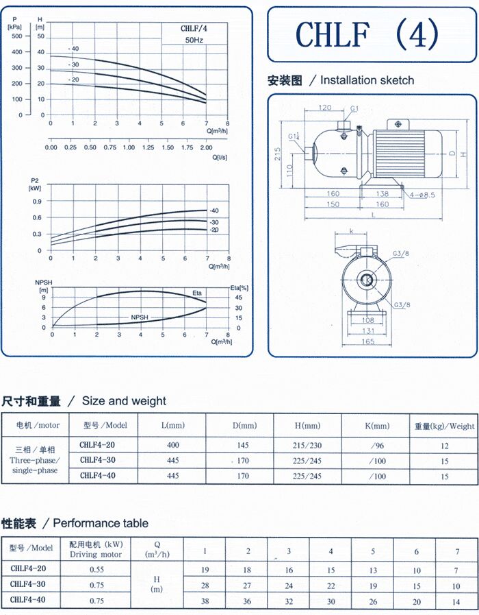 CHLF輕型立式不銹鋼多級(jí)離心泵安裝圖、尺寸、性能