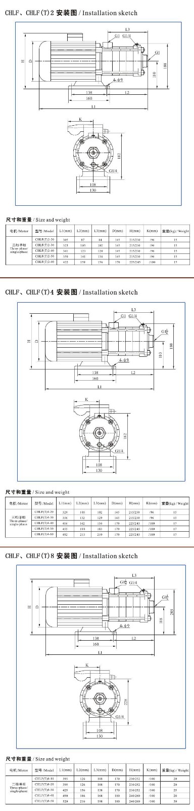 CHLF(T)輕型不銹鋼多級(jí)離心泵安裝圖、尺寸及重量