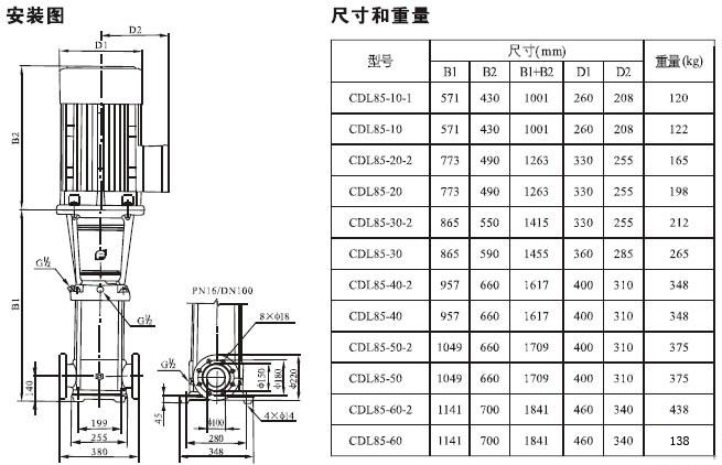 CDLF系列輕型不銹鋼立式多級(jí)泵安裝尺寸及重量